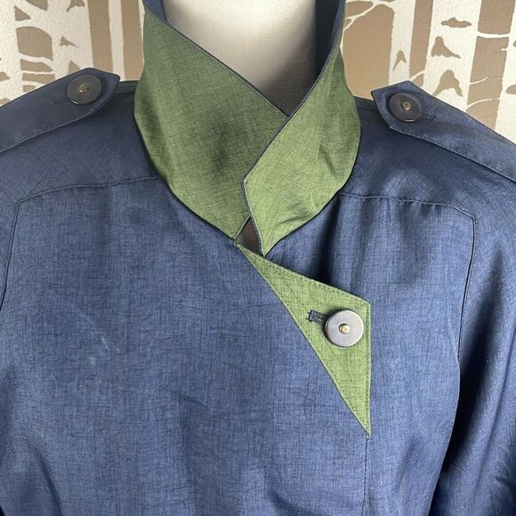 Vintage 80s Navy Blue Olive Green Double Breasted Trench Coat 6 - Picture 2 of 11